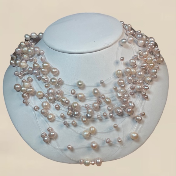New! Freshwater Cultured Pearl Necklace, 14 Rows Floating w/ Soft Pink Hues - Picture 7 of 7